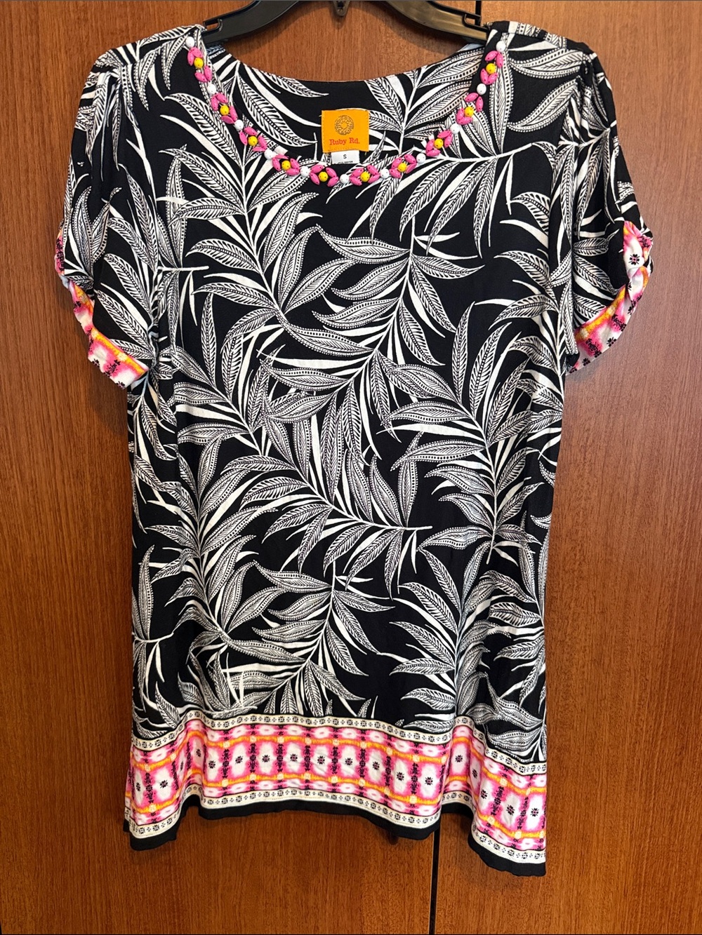 Ruby Rd. Black & White Leaf-Print Tunic with Pink Trim